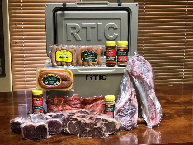 RTIC cooler full of Chorizo de San Manuel products, fajitas and steaks is included